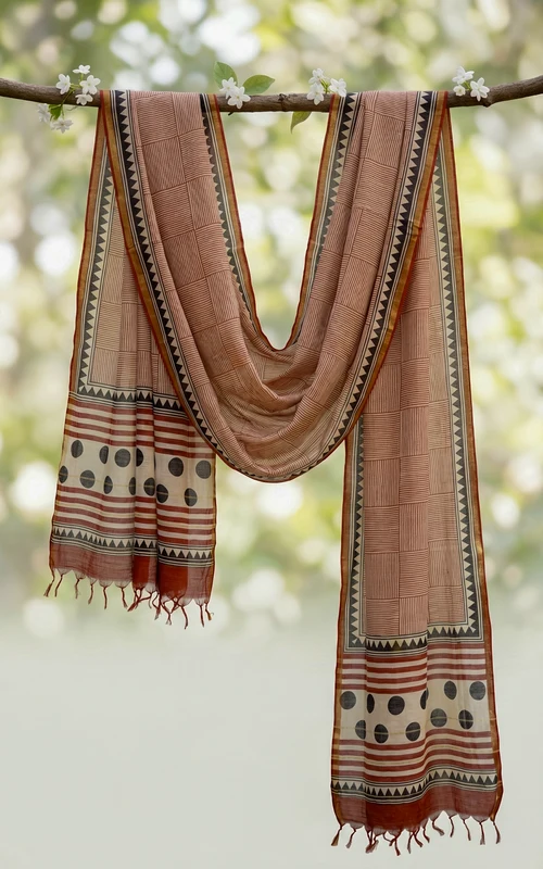 Earthy Tones Handblock Printed Cotton Dupatta with Golden Zari Border